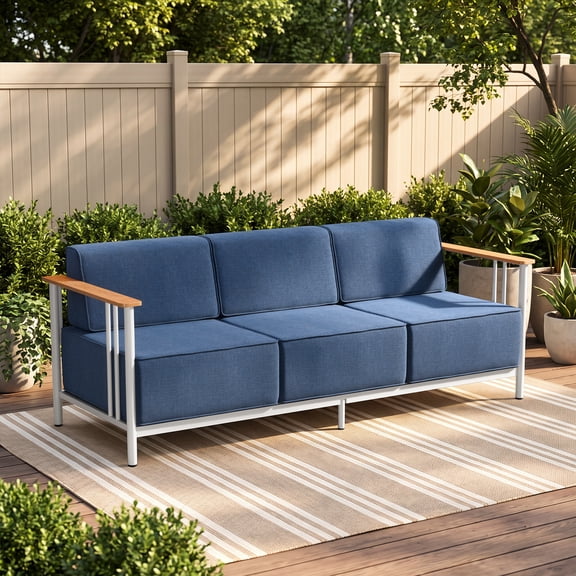 PARKWELL Patio Metal Couch Furniture,Outdoor Oversized 3 Seats Sofa with Luxury 10-Inch Thick Cushions for Front Porch Deck,White/Navy