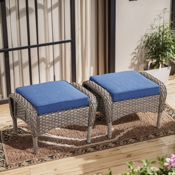 PARKWELL Patio Rattan Ottoman Set of 2,Wicker Foot Rest with Navy Cushions for Porch Balcony Backyard,Gray Wicker