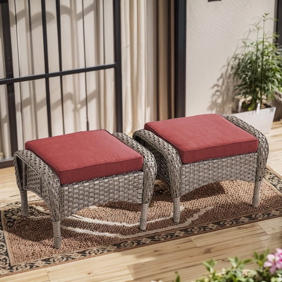 PARKWELL Patio Rattan Ottoman Set of 2,Wicker Foot Rest with Red Cushions for Porch Balcony Backyard,Gray Wicker