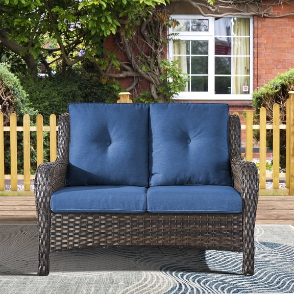PARKWELL Patio Rattan Seat Sofa Cushioned Loveseat,Outdoor Wicker Furniture,Blue
