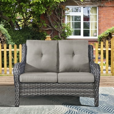 PARKWELL Patio Rattan Seat Sofa Cushioned Loveseat,Outdoor Wicker Furniture,Gray