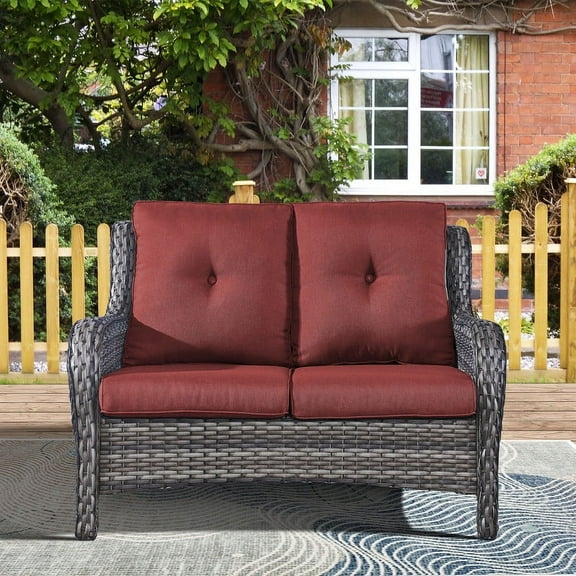 PARKWELL Patio Rattan Seat Sofa Cushioned Loveseat,Outdoor Wicker Furniture,Red