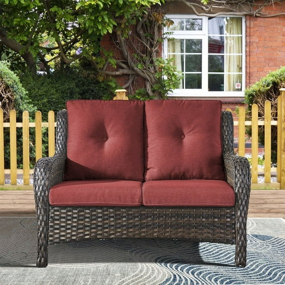 PARKWELL Patio Rattan Seat Sofa Cushioned Loveseat,Outdoor Wicker Furniture,Red