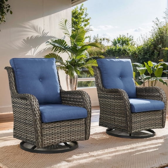 PARKWELL Patio Rocking Swivel Cushioned Chairs Set of 2,Wicker Glider Rocker for Porch Balcony Backyard Apartment,Blue