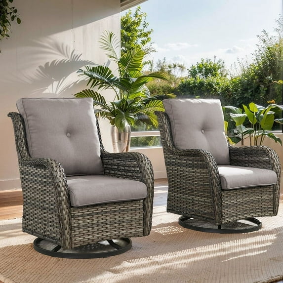 PARKWELL Patio Swivel Glider Chairs Set of 2,Outdoor All-Weather Rattan Wicker Swivel Rocking Lounge Chair with Cushions for Backyard Porch Pool,Gray/Gray