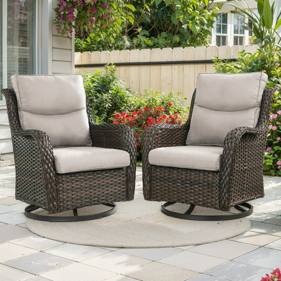 PARKWELL Patio Wicker Chairs Swivel Rocker Set of 2,Outdoor Rattan Swivel Glider Rocking Lounge Chairs for Patio Porch Pool,Brown/Beige