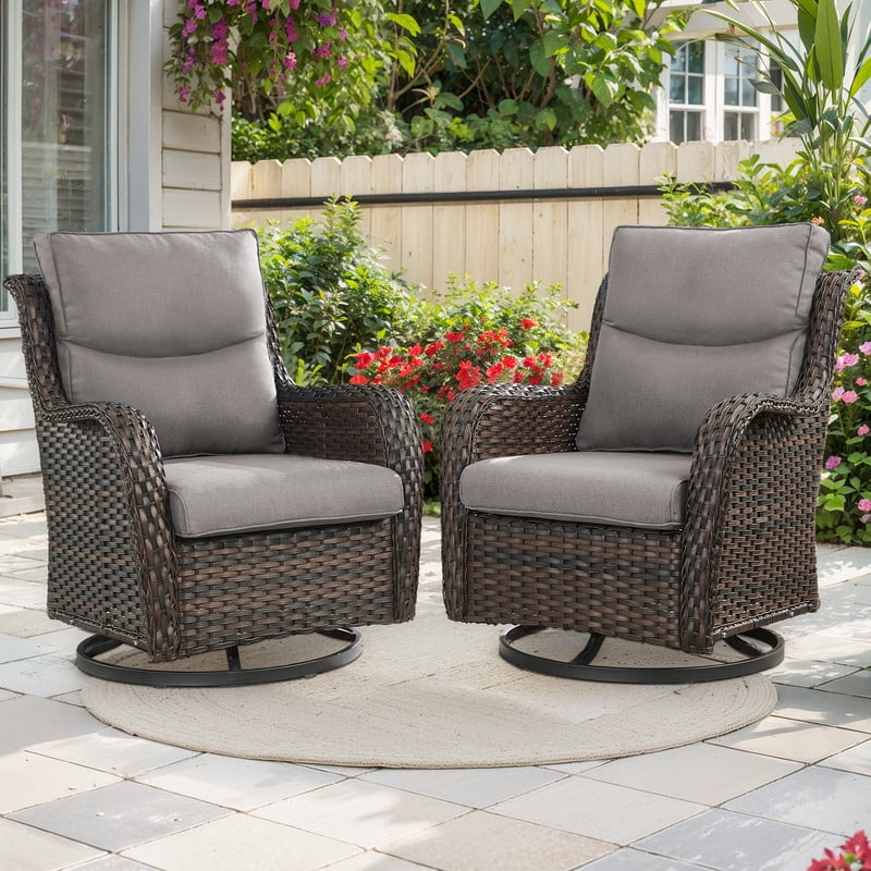 PARKWELL Patio Wicker Chairs Swivel Rocker Set of 2,Outdoor Rattan Swivel Glider Rocking Lounge Chairs for Patio Porch Pool,Brown/Gray