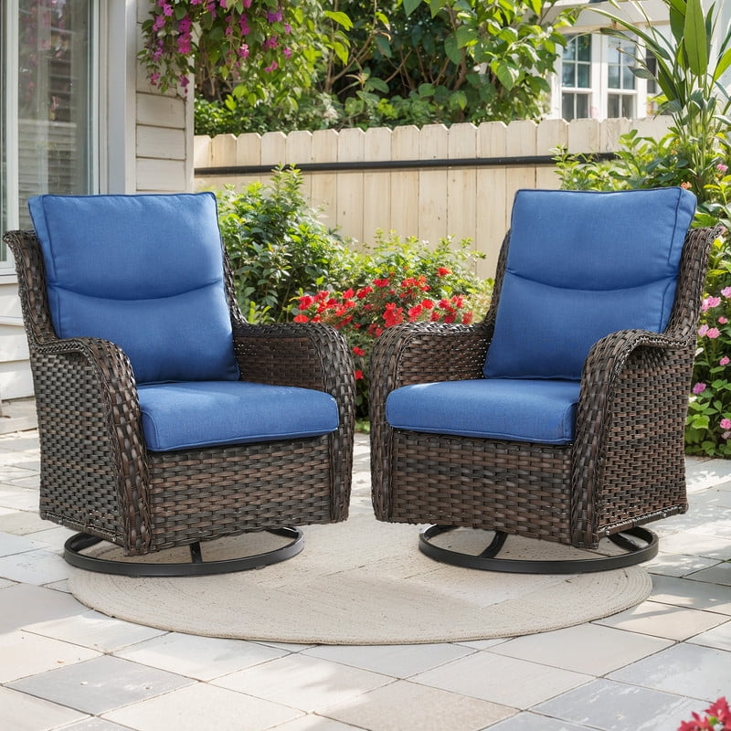 Navy Cushioned Brown Wicker Swivel Rocking Patio Chairs Set
