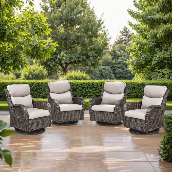 PARKWELL Patio Wicker Chairs Swivel Rocker Set of 4,Outdoor Rattan Swivel Glider Rocking Lounge Chairs for Patio Porch Pool,Brown/Beige