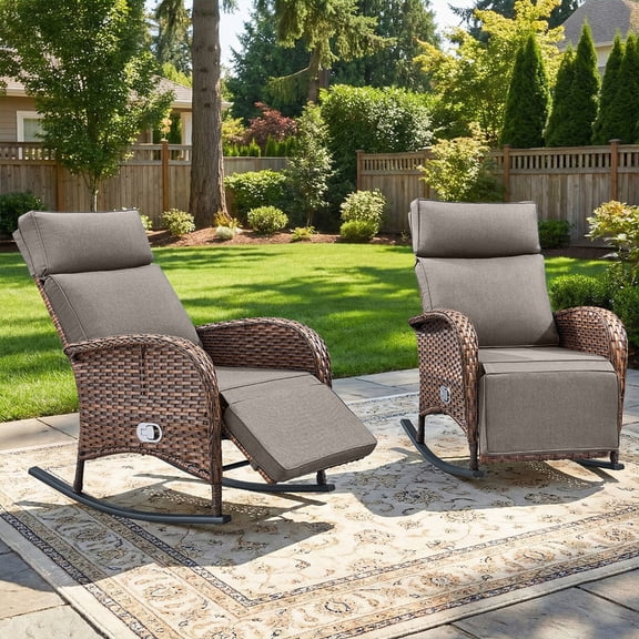 PARKWELL Patio Wicker Rocking Recliner Chair Set of 2, Outdoor Manual Reclining Glider with Independent Adjustable Back and Footrest, Luxury Zero Gravity Lounge Rocker for Porch, Brown/Gray