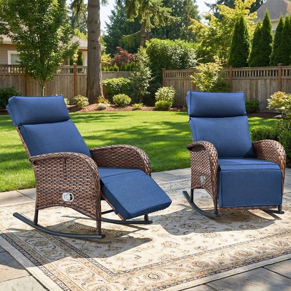 PARKWELL Patio Wicker Rocking Recliner Chair Set of 2, Outdoor Manual Reclining Glider with Independent Adjustable Back and Footrest, Luxury Zero Gravity Lounge Rocker for Porch, Brown/Navy
