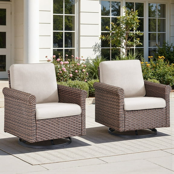 PARKWELL Patio Wicker Swivel Glider Chairs Set of 2,Outdoor Swivel Rocking Lounge Chair with No-Slip Cushions Deep Seat High Back,Swivel Rocker Armchair for Porch Balcony Backyard,Brown/Beige