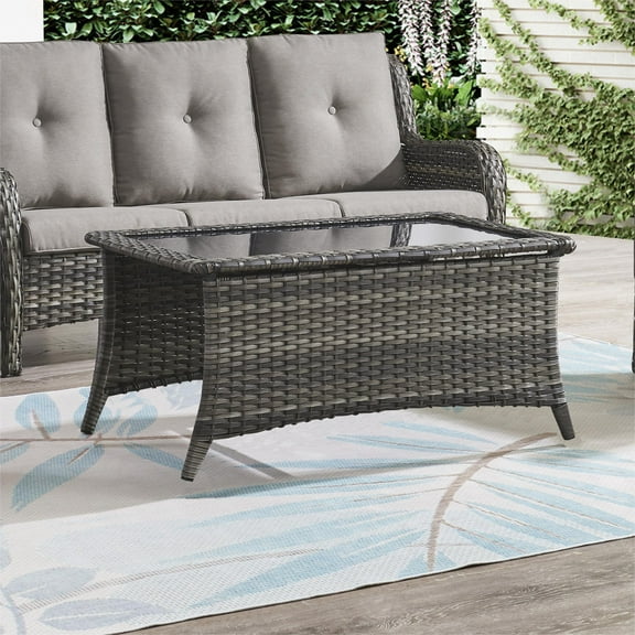 PARKWELL Rectangular Coffee Table for Outdoor Indoor - Modern  Glass Top Coffee Table with Wicker Rattan Design - Gray