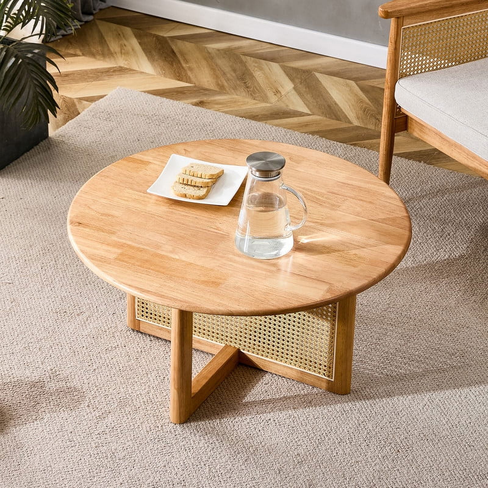 PARKWELL Round Coffee Table with Caning Design for Living Room Solid