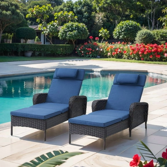 PARKWELL Set of 2 Outdoor Folding Chaise Lounge Chairs - Wicker Rattan Adjustable Recliners for Patio, Pool w/ Wide Arm and Cushions - Blue