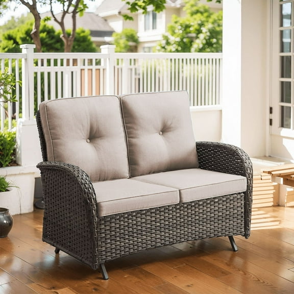 PARKWELL Wicker Loveseat Glider - Outdoor Patio 2 Seater Couch Sofa Rocker with Soft Thick Cushion - Sturdy Frame - Beige