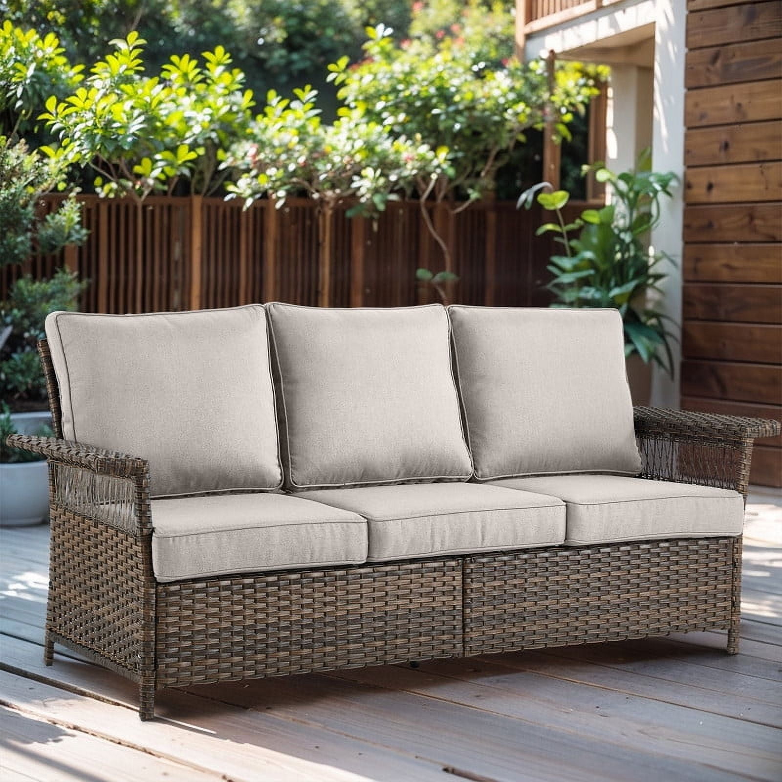 PARKWELL Wicker Outdoor 3 Seater Sofa,Patio Rattan Couch with Cushions Deep Seat,Beige
