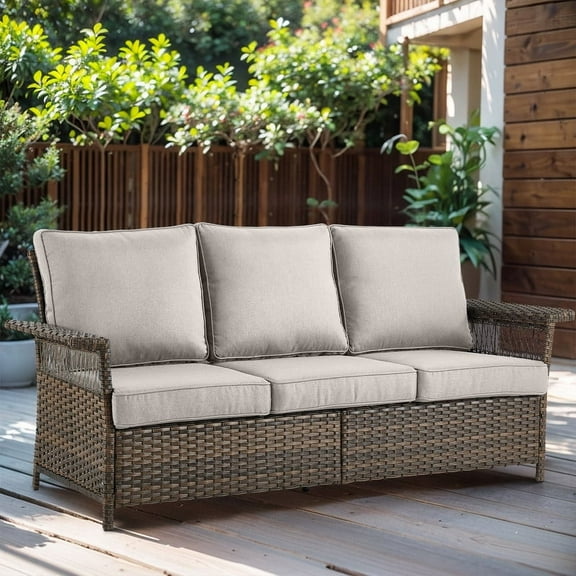 PARKWELL Wicker Outdoor 3 Seater Sofa,Patio Rattan Couch with Cushions Deep Seat,Beige