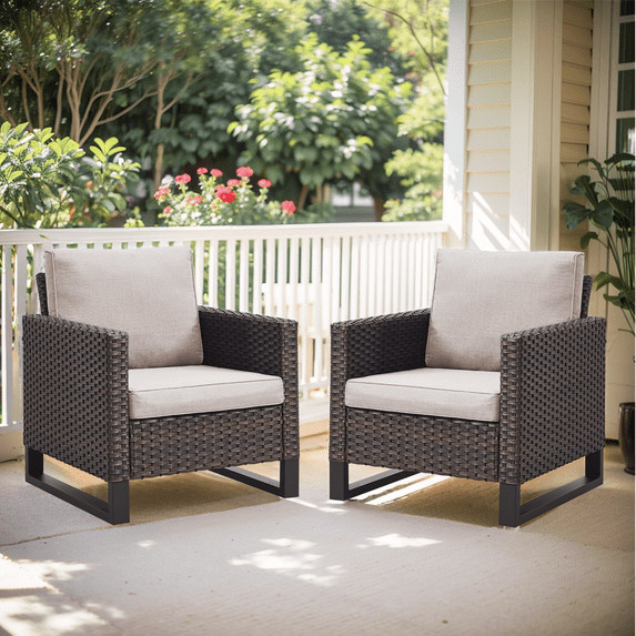 PARKWELL Wicker Patio Chairs Set of 2,Outdoor Oversized Lounge Accent Arm Chairs with Cushion,Rattan Seating Set,Brown/Beige