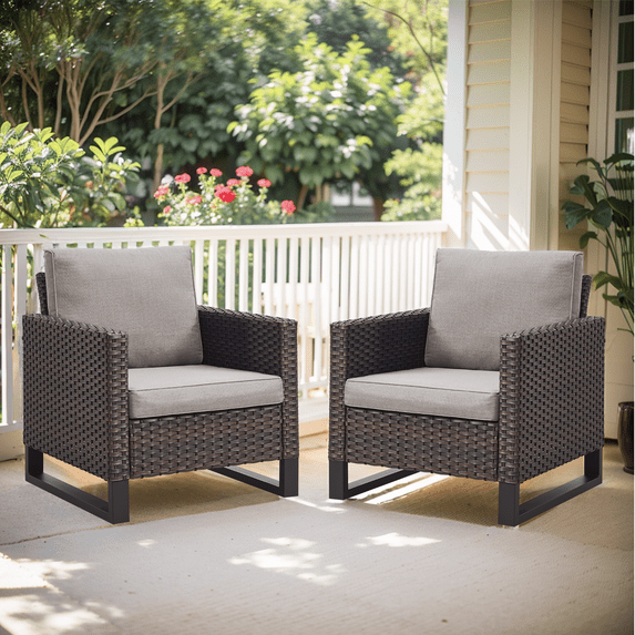 PARKWELL Wicker Patio Chairs Set of 2,Outdoor Rattan Chairs with Cushion,Porch Balcony Seating Furniture Set 350lb,Gray