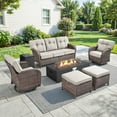 thumbnail image 1 of PARKWELL Wicker Patio Furniture Set with Fire Pit Table, Outdoor Luxury High-Back Sectional Swivel Rocker Chairs Sets, Oversized 7-Seat Conversation Set for Porch, Balcony, Deck, Brown/Beige, 1 of 12