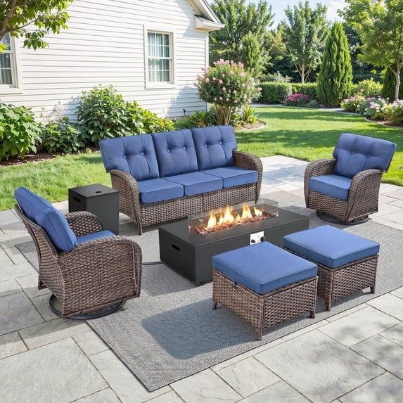 PARKWELL Wicker Patio Furniture Set with Fire Pit Table, Outdoor Luxury High-Back Sectional Swivel Rocker Chairs Sets, Oversized 7-Seat Conversation Set for Porch, Balcony, Deck, Brown/Navy