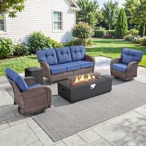 PARKWELL Wicker Patio Furniture Set with Fire Pit Table, Outdoor Luxury High-Back Sectional Swivel Rocker Chairs Sets, Oversized Conversation Set for Porch, Balcony, Deck, Brown/Navy