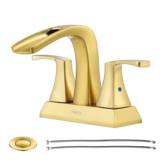 PARLOS 2 Handles Waterfall Bathroom Faucet with Pop-up Drain and Faucet Supply Lines, Brushed Gold