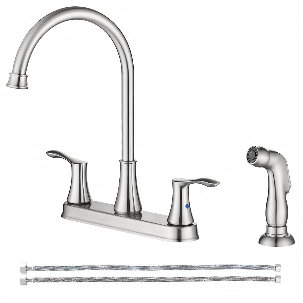 PARLOS 8-Inch High Arch Two-Handle Kitchen Sink Faucet with Side Sprayer and Supply Lines, Brushed Nickel