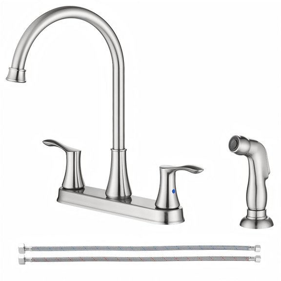 PARLOS 8-Inch High Arch Two-Handle Kitchen Sink Faucet with Side Sprayer and Supply Lines, Brushed Nickel