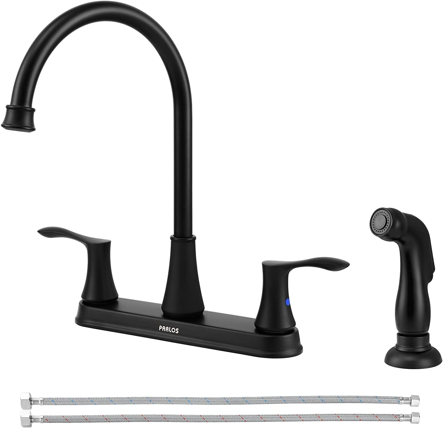 PARLOS 8 Inch Two Handles High Arch Kitchen Sink Faucet with Side Sprayer & Supply Lines, Matte Black