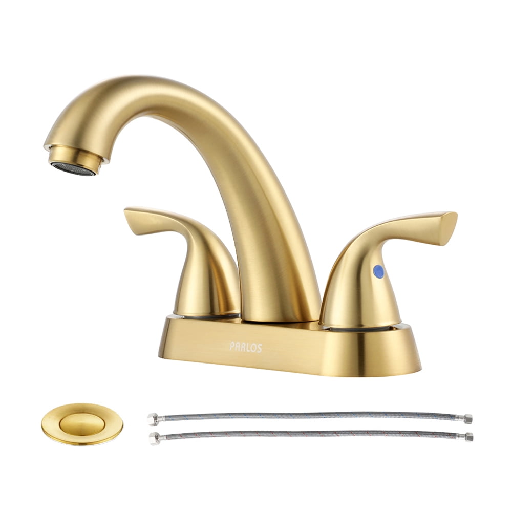 PARLOS Centerset Two-Handle Bathroom Sink Faucet with Metal Drain Assembly and Supply Hose,Brushed Gold