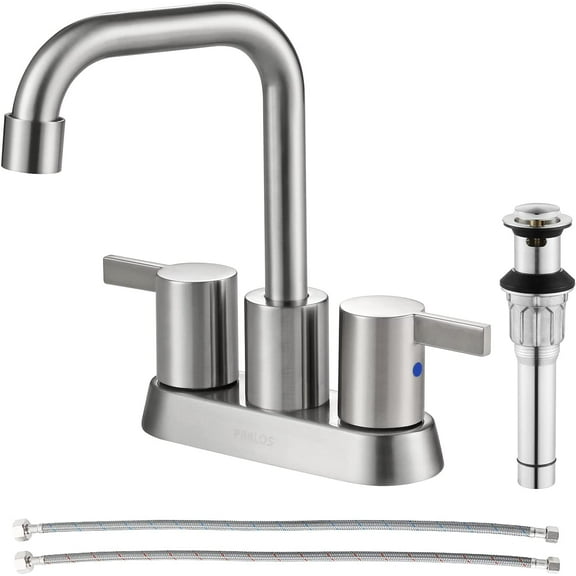 PARLOS Centerset Two-Handle Bathroom Sink Faucet with Metal Drain Assembly and Supply Hose, Brushed Nickel