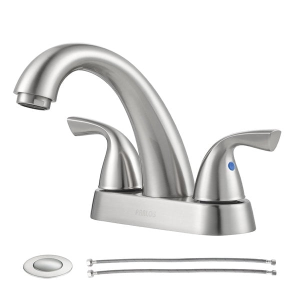PARLOS Centerset Two-Handle Bathroom Sink Faucet with Metal Drain Assembly and Supply Hose, Brushed Nickel