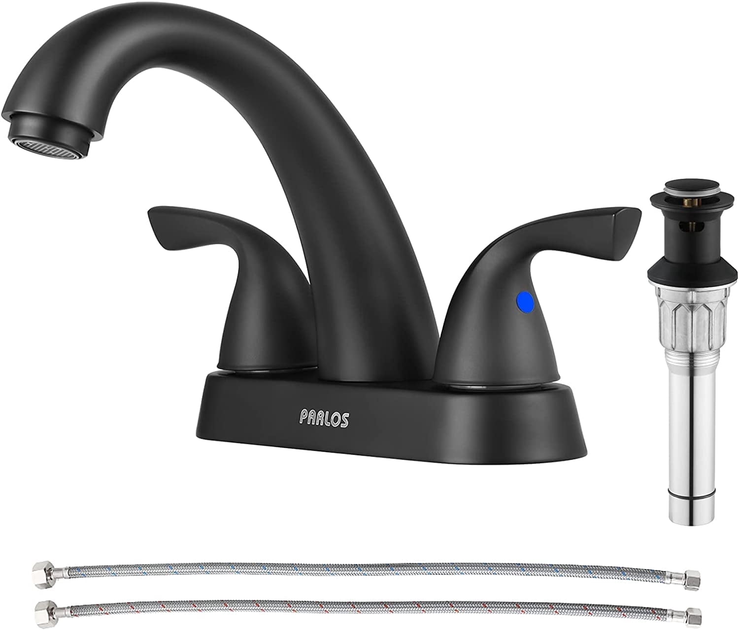 PARLOS Centerset Two-Handle Bathroom Sink Faucet with Metal Drain Assembly and Supply Hose,Matte Black