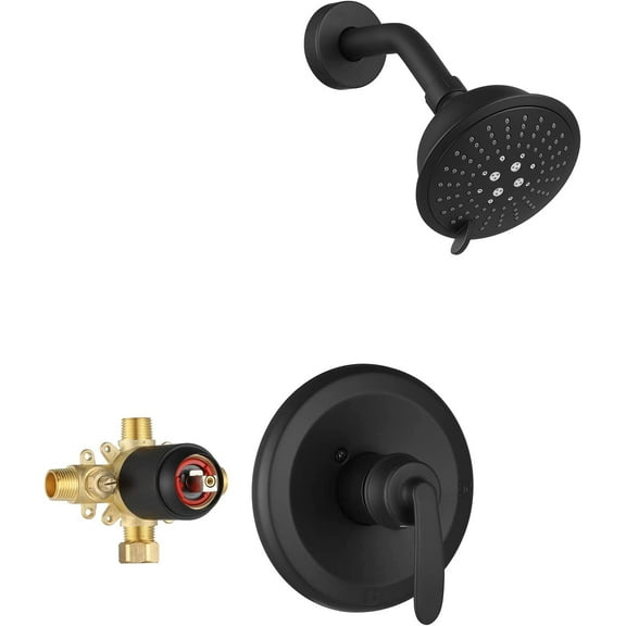 PARLOS Shower Faucet with Valve, Single-Handle Shower Trim Kit with 5-Spray Touch-Clean Shower Head, Wall Mounted Shower Faucets Sets Complete, Matte Black