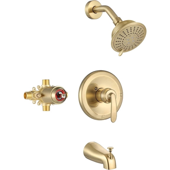 PARLOS Shower System, Shower Faucet Set with Tub Spout(Valve Included), 5-Setting Mode Shower Head and Tub Spout with Diverter, Multi-Function Wall Mounted Shower Bathtub Combo,Brushed Gold