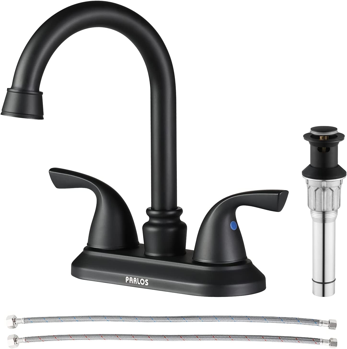 PARLOS Two-Handle Bathroom Sink Faucet with Metal Drain Assembly and Supply Hose, Matte Black