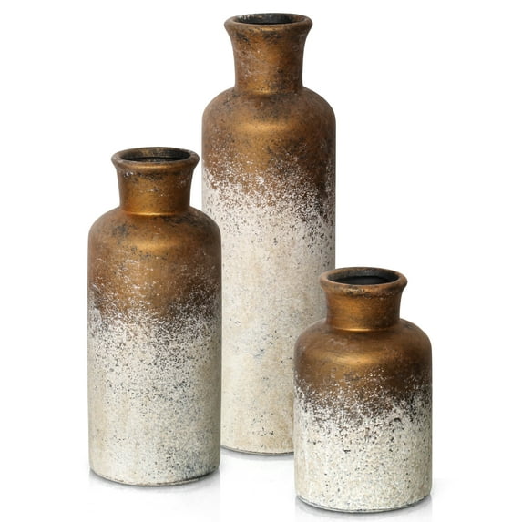 PARMPH Ceramic vase Set of 3 Design for Home Décor, Modern Farmhouse Vases Small Large Vintage Rusty Gold Ceramic Vase Set for Living Room Table, Mantle, Bookcases, Fireplace, Entrance Decor Floral
