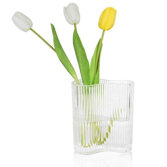 PARMPH Glass Flowers Vase, 7.8'' Tall Modern Clear Glass Vase with 3PCS Artificial Tulip Flowers