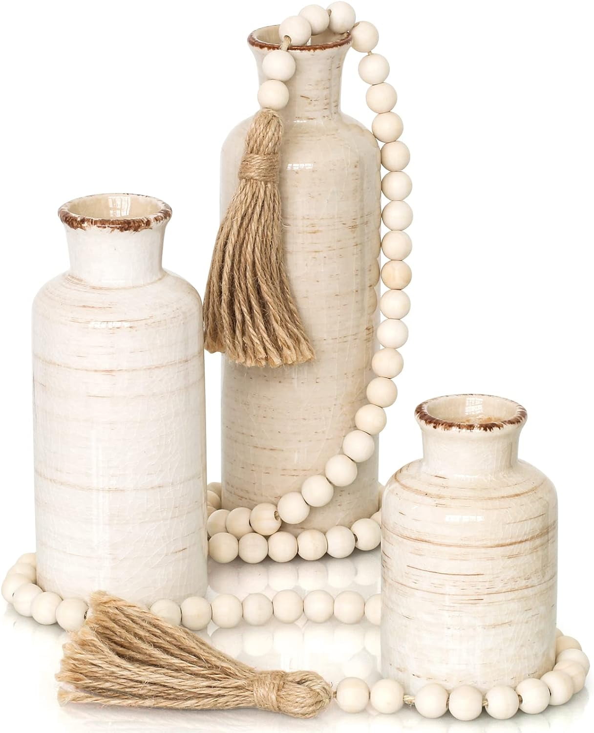 PARMPH Small Ceramic Vase Set with Farmhouse Beads for Home Decor