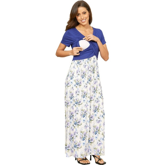 PARNIXS Short Sleeved Maternity Dress, Long Dress, Spring/Summer,Breathable Modal,breast feeding,S
