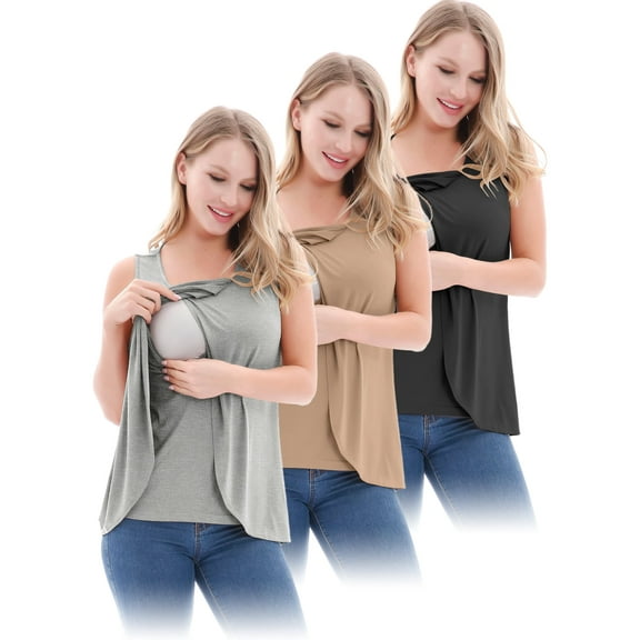 PARNIXS Summer Women's Maternity Nursing Tank Top Sleeveless Comfy Breastfeeding Clothes(3-Pcs),L