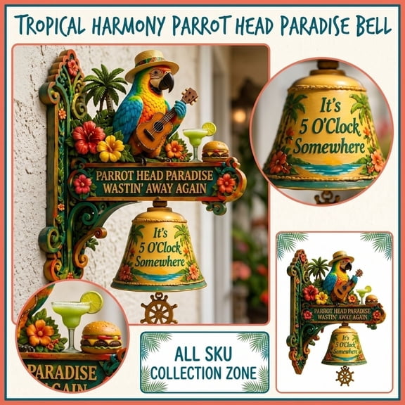 PARROT HEAD PARADISE WASTIN AWAY AGAIN, Parrot Head Paradise Wall Bell, Parrot Head Paradise Wall-Mounted Doorbell, Whimsical Parrot Themed Outdoor Entryway