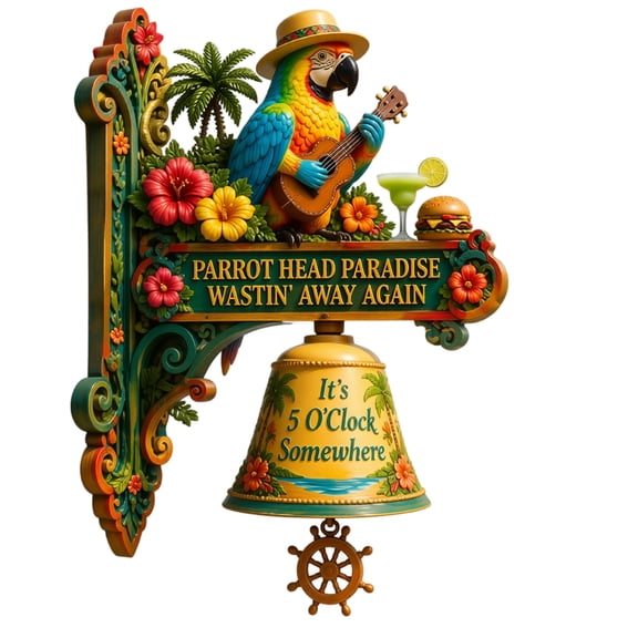 PARROT HEAD PARADISE Wastin' Away Again Decorative Hanging, Colorful Macaw Straw Hat Ukulele Hanging Bell Coastal Bar Wall Sign Decor