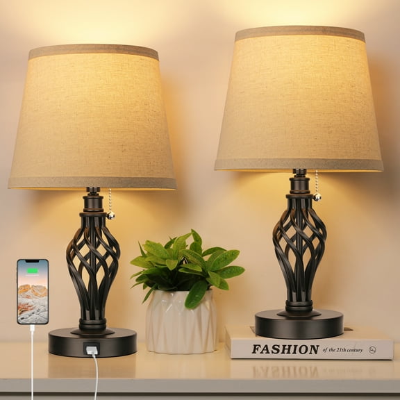 PARTPHONER 16'' Table Lamps Set of 2, Farmhouse Bedside Lamps with USB Ports, 3-Color Temperature