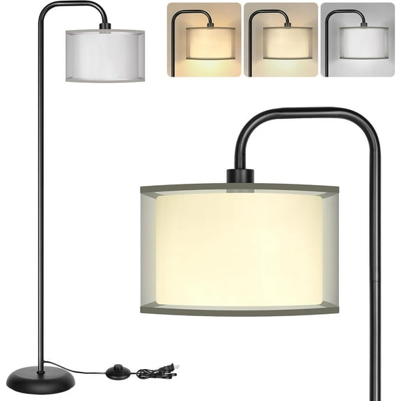PARTPHONER LED Floor Lamp for Living Room, Modern Standing Lamp with Foot Switch Grey Organza Fabric Shade Tall Pole Reading Lamp for Bedroom Study Room Office, 9W Bulb Included