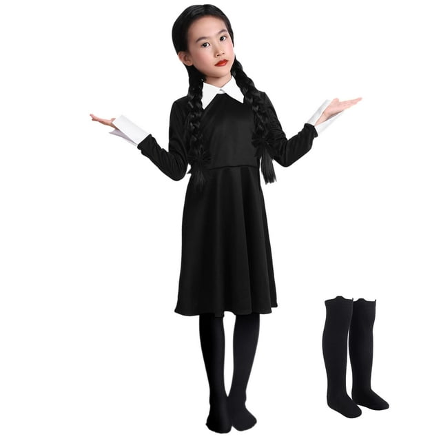 PARTTELY BLACK WEDNESDAY Wednesday Addams Dress Girls Kids Black Long ...