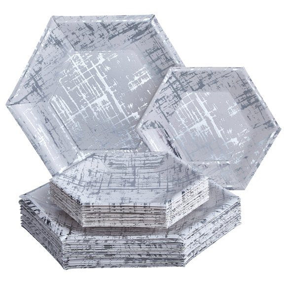 PARTY DISPOSABLE 36 PC DINNERWARE SET | 18 Dinner Plates | 18 Side Plates | Heavyweight Paper Plates | Hexagon Design | for Upscale Wedding and Dining (Arctic Collection – Silver)