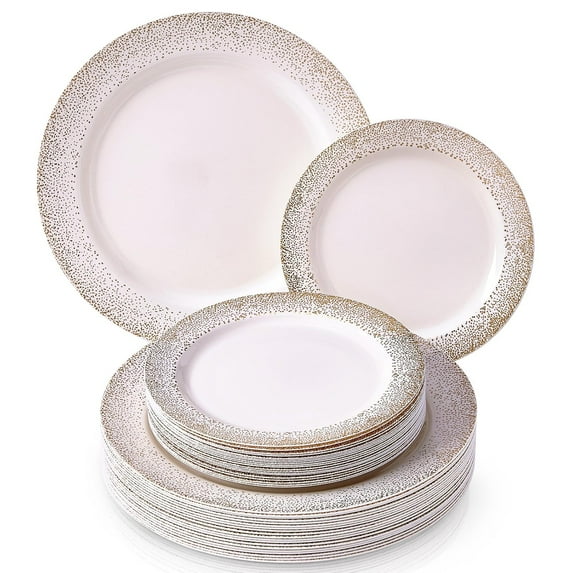 PARTY DISPOSABLE 40 PC DINNERWARE SET | 20 Dinner Plates | 20 Salad or Dessert Plates | Heavy Duty Plastic Dishes | Elegant Fine China Look | for Upscale Wedding and Dining (Ocean Mist - Ivory/Gold)